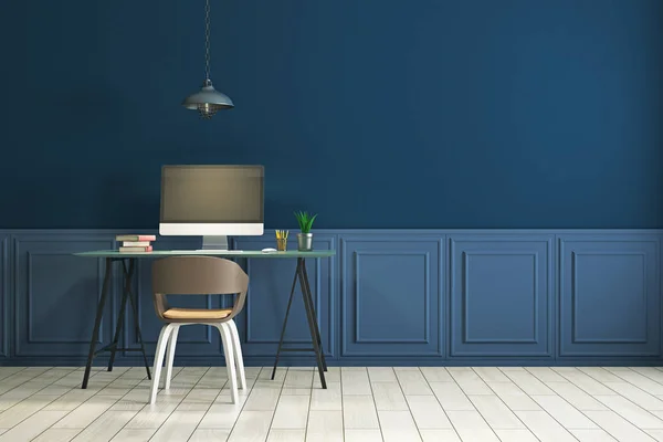 Arbeitsplatz in sauberem blauem Interieur — Stockfoto