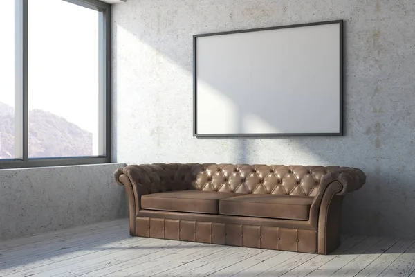 Kahverengi deri kanepe beton odasında — Stok fotoğraf