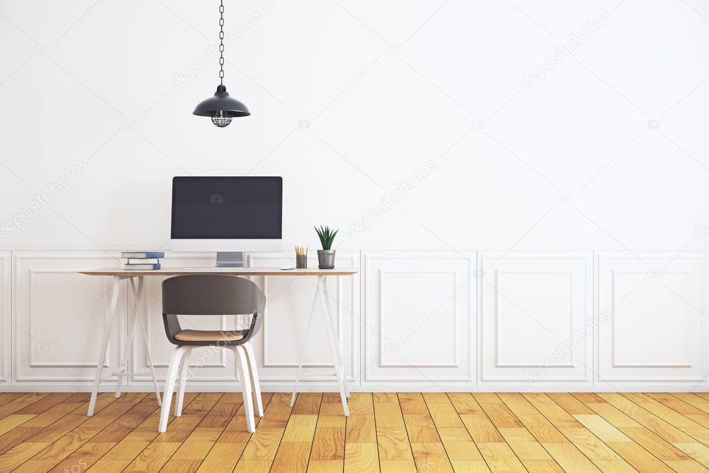 Workplace in minimalistic white interior 