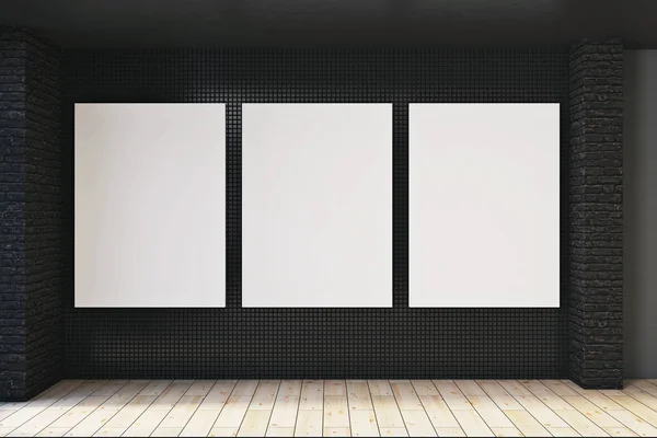 Interior de tijolo branco moderno com bandeiras vazias — Fotografia de Stock