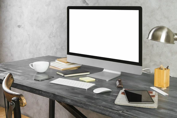 Desktop with empty white computer monitor side — Stock Photo, Image