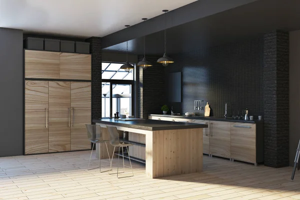 Loft contemporain intérieur de la cuisine noire — Photo