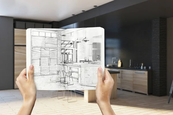 Blocco note con le mani con disegno in cucina — Foto Stock