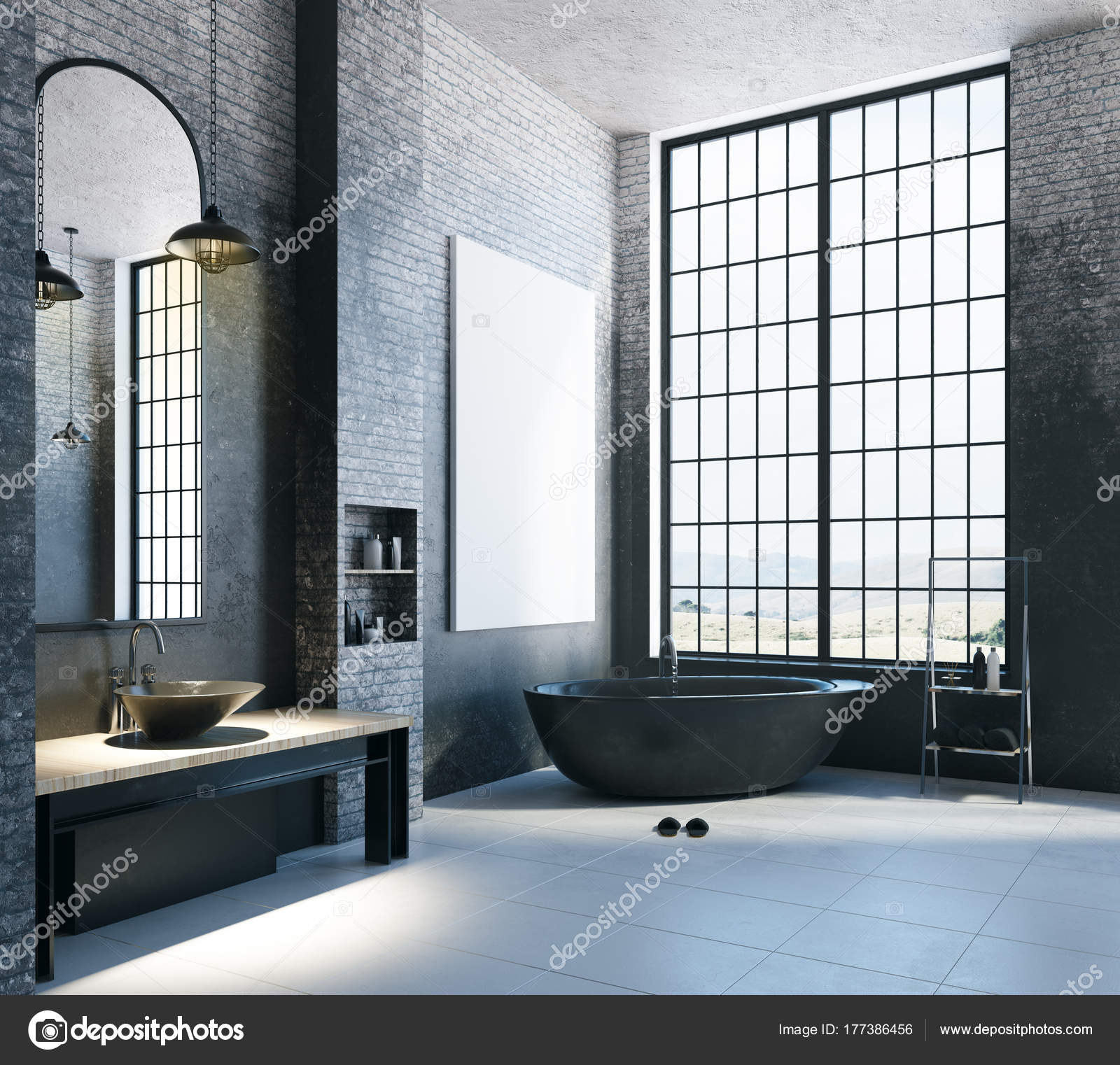 Moderne loft badkamer met lege banner — Stockfoto © peshkova #177386456 Moderne loft badkamer met lege banner — Stockfoto © peshkova #177386456