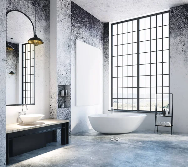 带空白海报的现代阁楼浴室 — 图库照片
