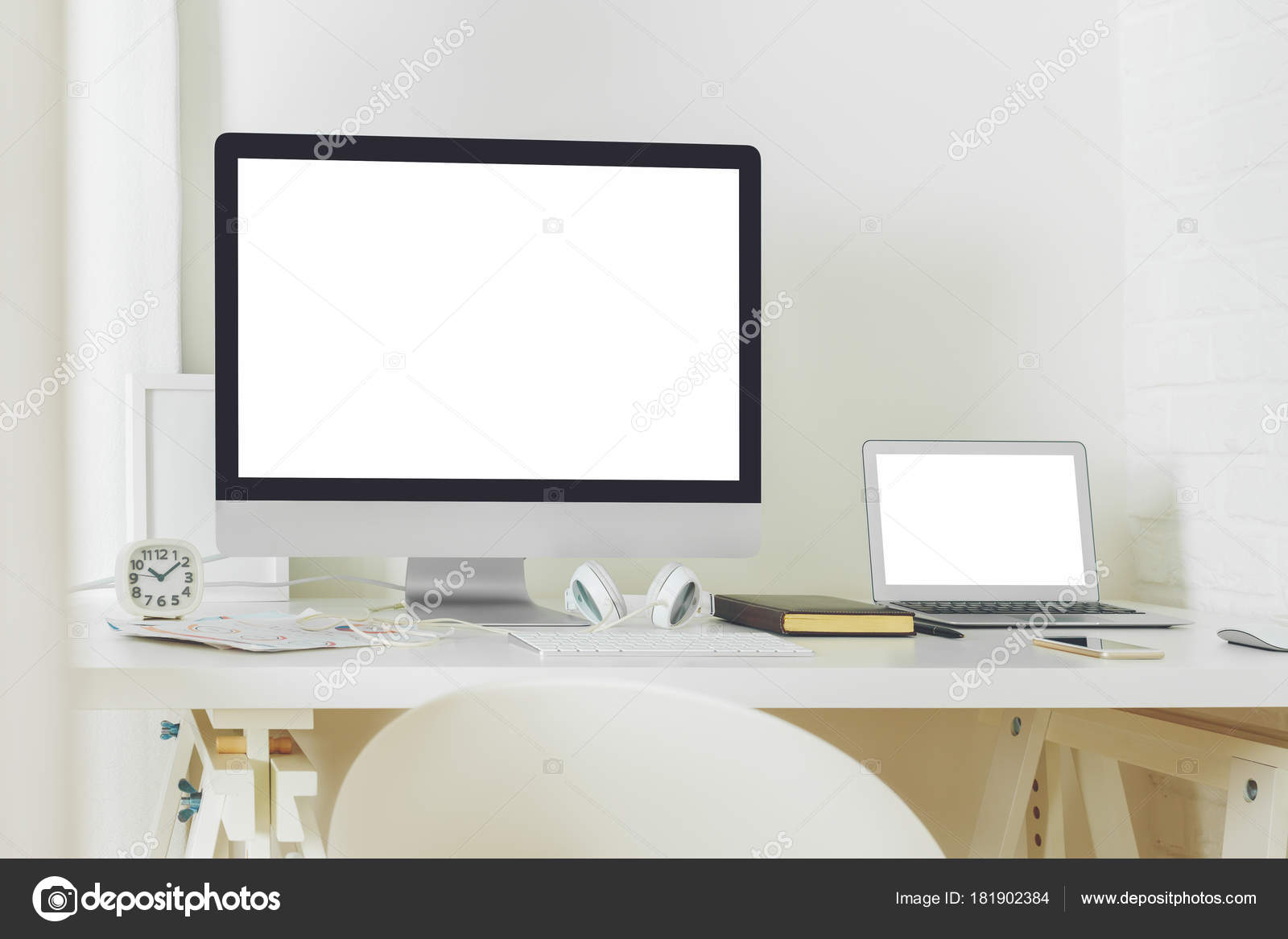 Contemporary Desk Top With Clean Computer Screen Stock Photo
