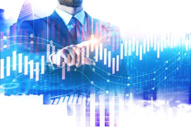 Yatırım ve Pazar kavramı. Forex grafik soyut şehir office arka plan üzerinde gösteren iş adamı. Çift pozlama 