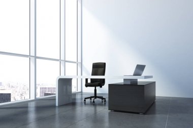 Çağdaş ofis iç gün ışığı alan çalışma alanı ve şehir manzaralı. Tasarım konsepti. 3D render 