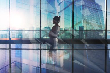 Düşünceli işkadını soyut ofis iç ayakta. İstihdam kavramı. Çift pozlama 