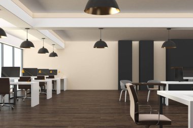 Ofis iç şehir manzaralı ve gün ışığı ile coworking hippi. İşgal ve tasarım kavramı. 3D render 