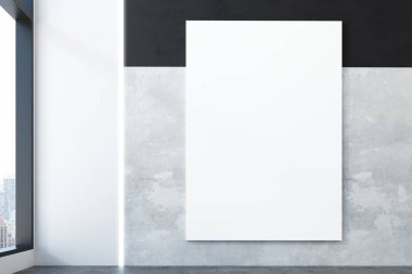 Beton duvar iç şehir manzaralı ve gün ışığından yararlanma üzerine boş poster. Alay etmek yukarıya, 3d render 
