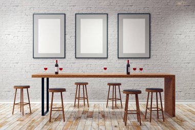 Modern beyaz pub ya da bar iç duvar boş kareleri ile. Alay etmek yukarıya, 3d render