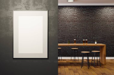 Çağdaş siyah tuğla pub veya bar iç duvar boş posteri ile. Alay etmek yukarıya, 3d render