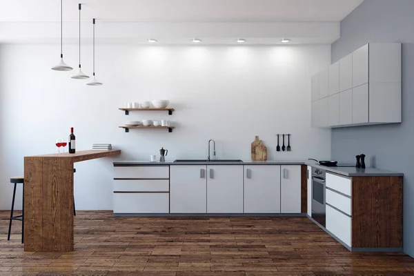 Moderno Interior Cocina Con Equipamiento Muebles Concepto Estilo Diseño Renderizado — Foto de Stock