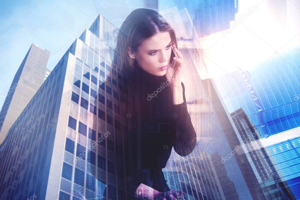 Attractive young european businesswoman using laptop and smartphone on city background. Communication and secretary concept. Double exposure 