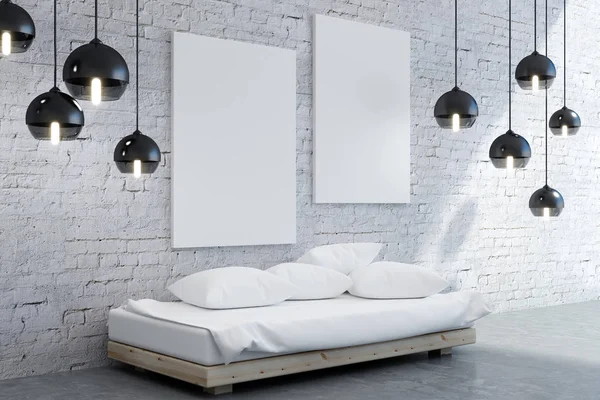 Interior kamar tidur modern dengan poster — Stok Foto