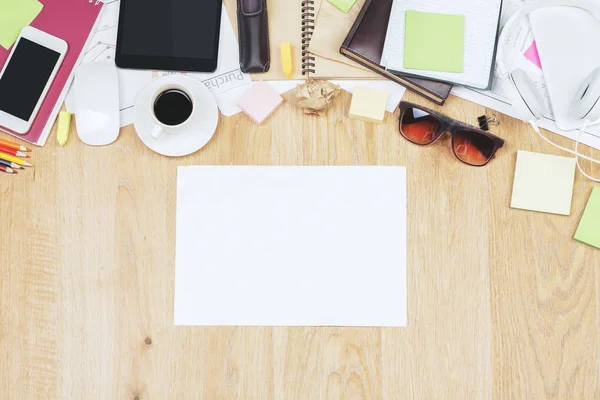 Contemporary desk top with tablet and supplies — Stock Photo, Image