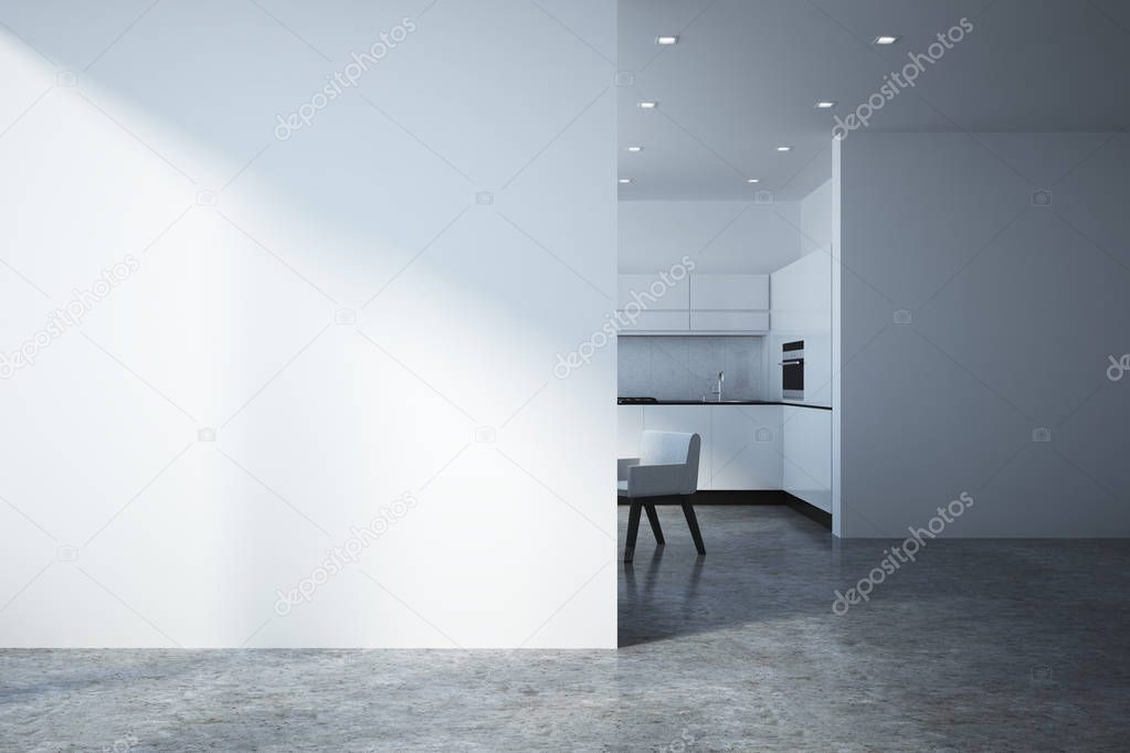 Modern kitchen interior with blank wall