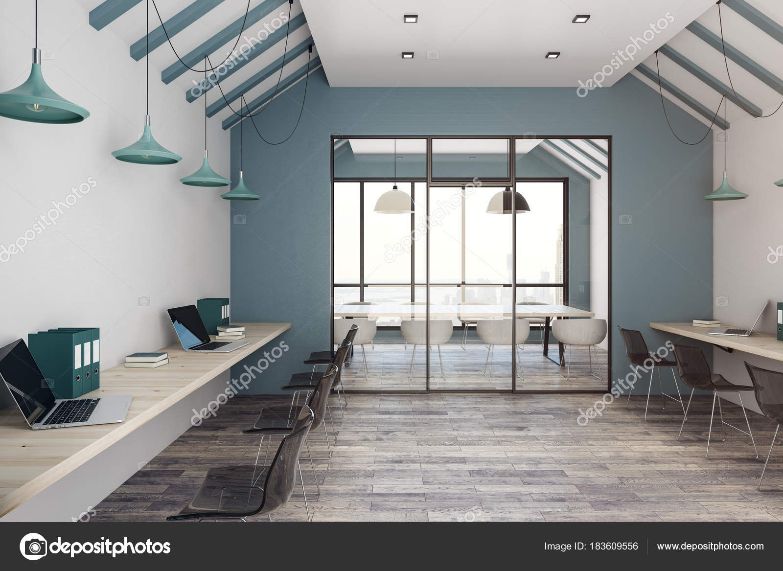 Licht coworking Büro Interieur mit Blick auf die Stadt — Stockfoto ... Licht coworking Büro Interieur mit Blick auf die Stadt — Stockfoto ...