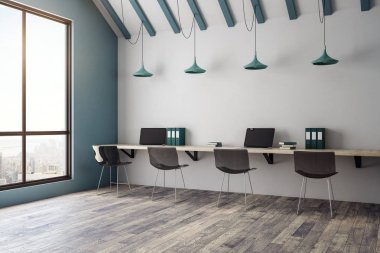 Ofis iç şehir manzaralı coworking minimalist