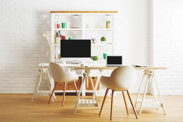 White loft interior with workplace — Stock Photo, Image