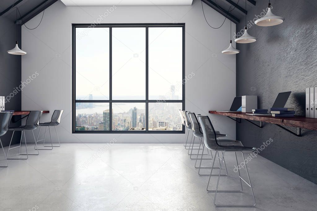 Concrete coworking office interior with city view