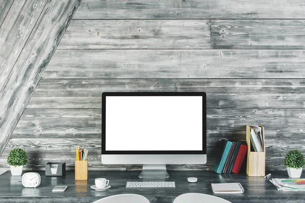 Desktop modern dengan komputer putih kosong — Stok Foto