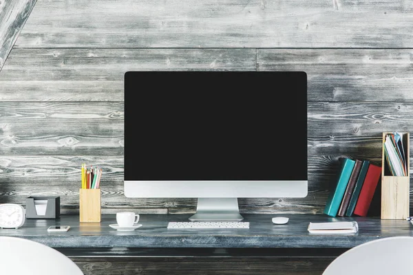 Modern desk top with blank computer — Stock Photo, Image