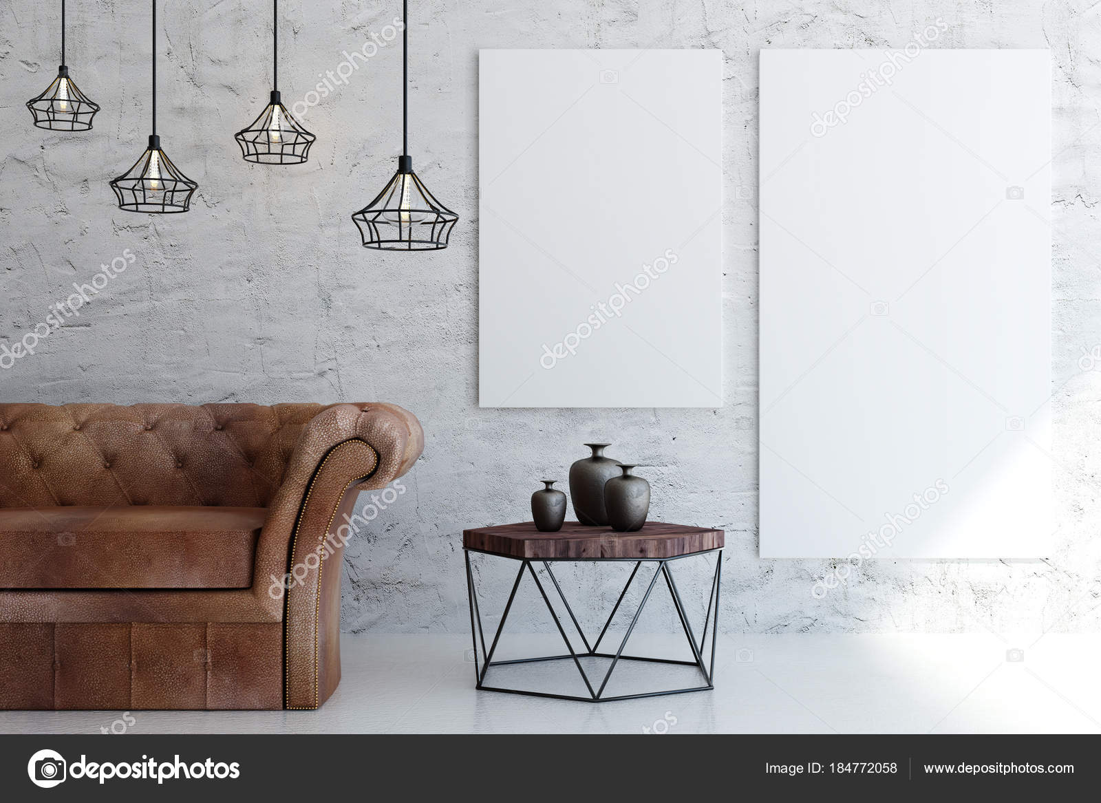 Mock-up en blanco 3d hacer interior con marco y lámparas en una fila y