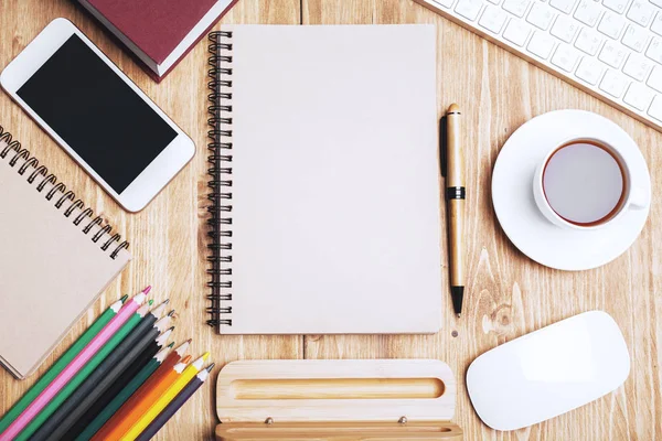 Wooden desktop with items — Stock Photo, Image