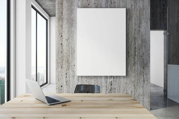 Modern office with laptop and banner — Stock Photo, Image