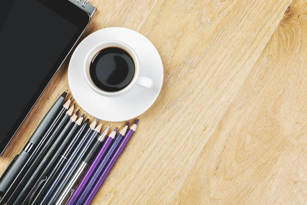 Modern desktop with supplies and coffee — Stock Photo, Image