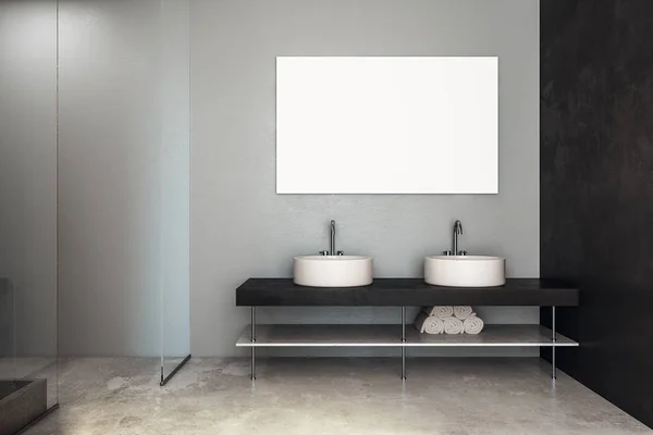 Banheiro moderno com pias e banner — Fotografia de Stock