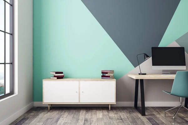 Blå interiör med arbetsplatsen och skåp — Stockfoto
