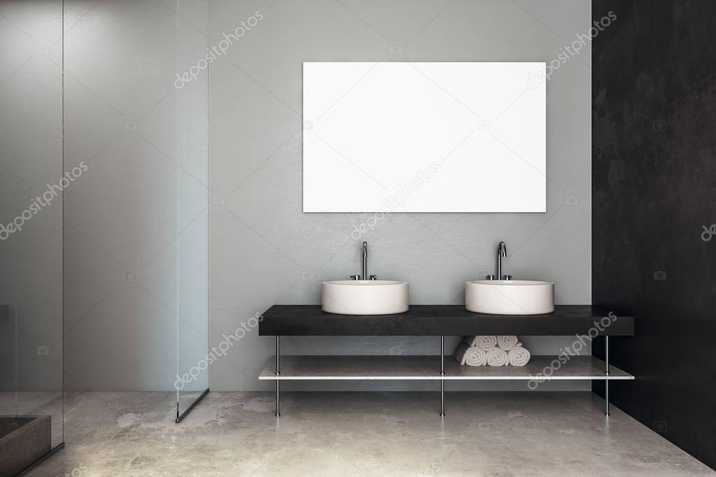 Modern bathroom with sinks and banner 