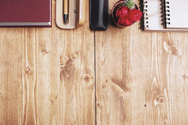 Wooden desk top with objects