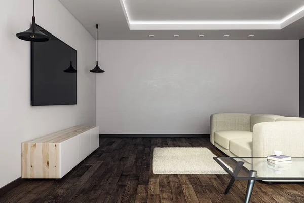 Betonwohnzimmer mit leerer TV-Seite — Stockfoto