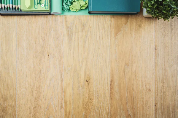 Modern wooden desktop with supplies — Stock Photo, Image