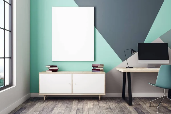 Blank poster in interior with workplace — Stock Photo, Image