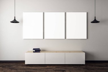 Üç afiş ile beton oturma odası