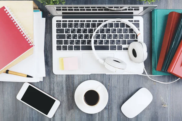 Modern wooden desk with items — Stock Photo, Image