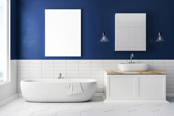 Nowoczesna łazienka niebieski z pusty transparent — Zdjęcie stockowe