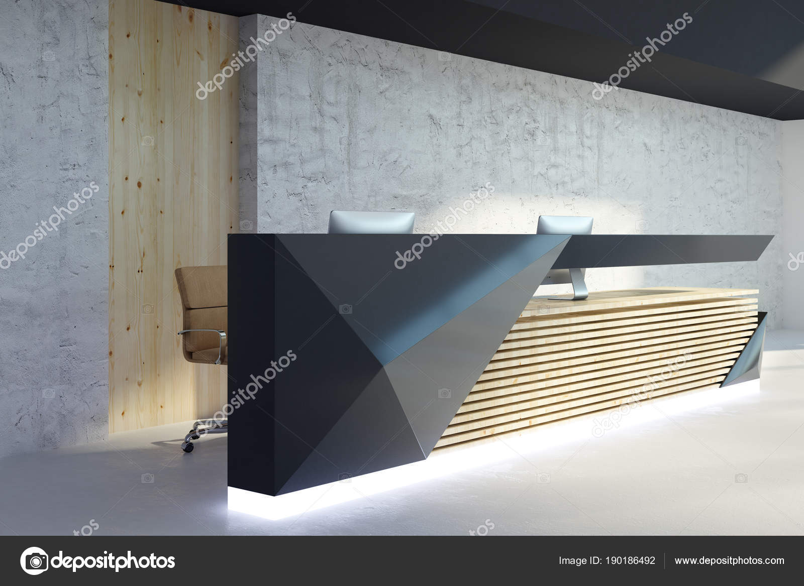 Illuminated Reception Desk In Modern Interior Side Stock Photo Illuminated Reception Desk In Modern Interior Side Stock Photo