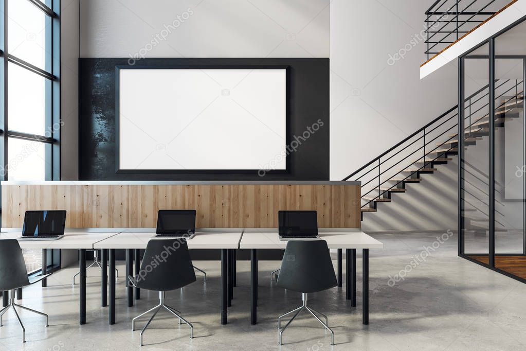 Coworking interior with empty banner 