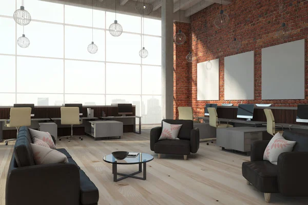 Modern brick coworking interior with banners — Stock Photo, Image