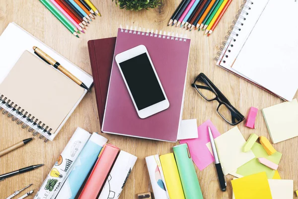 Brown wooden desktop with objects — Stock Photo, Image