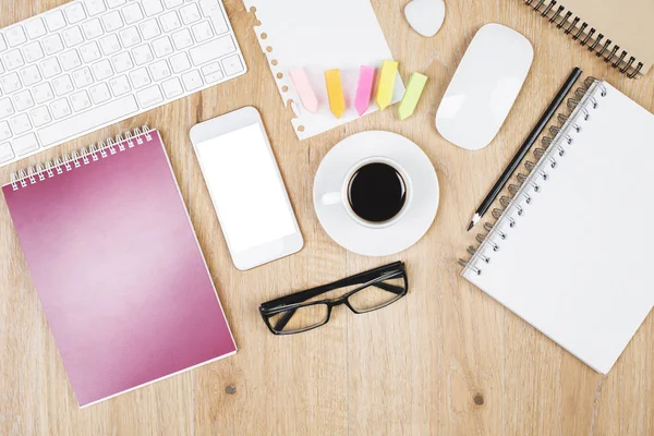 Modern wooden desk with items — Stock Photo, Image