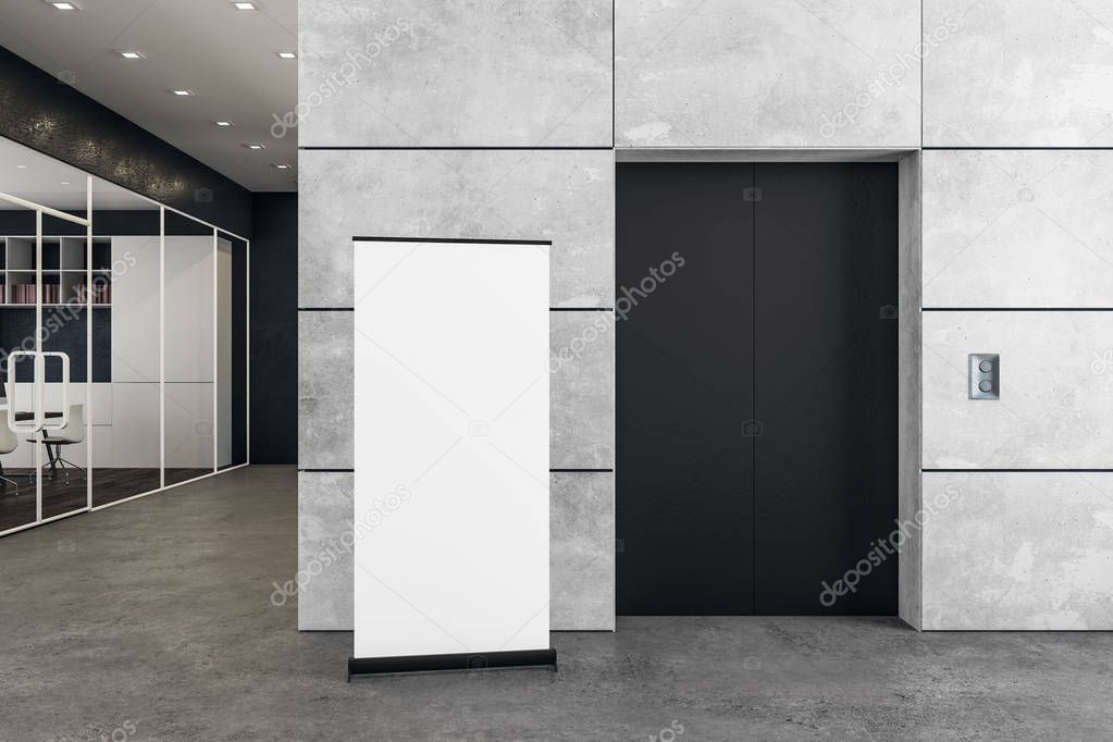 Contemporary office with elevator and poster