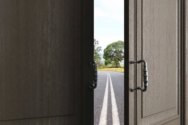 Opening door with spring road view — Stock Photo, Image