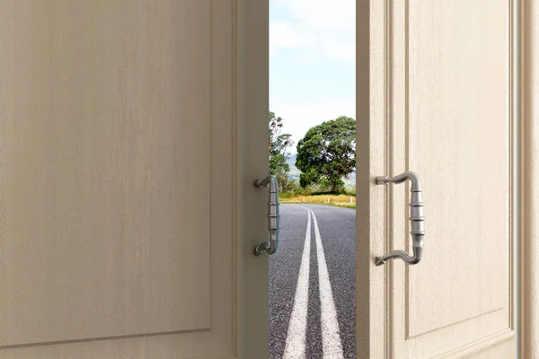 Opening door with summer road view — Stock Photo, Image